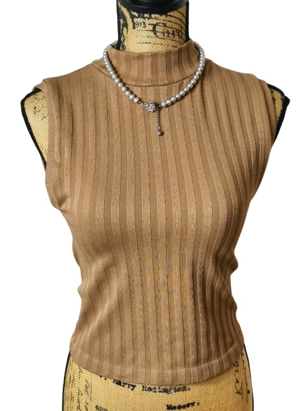 Poof NY S/M Sleeveless Mock Crop Top Ribbed Camel Beige Stretchy High Neck